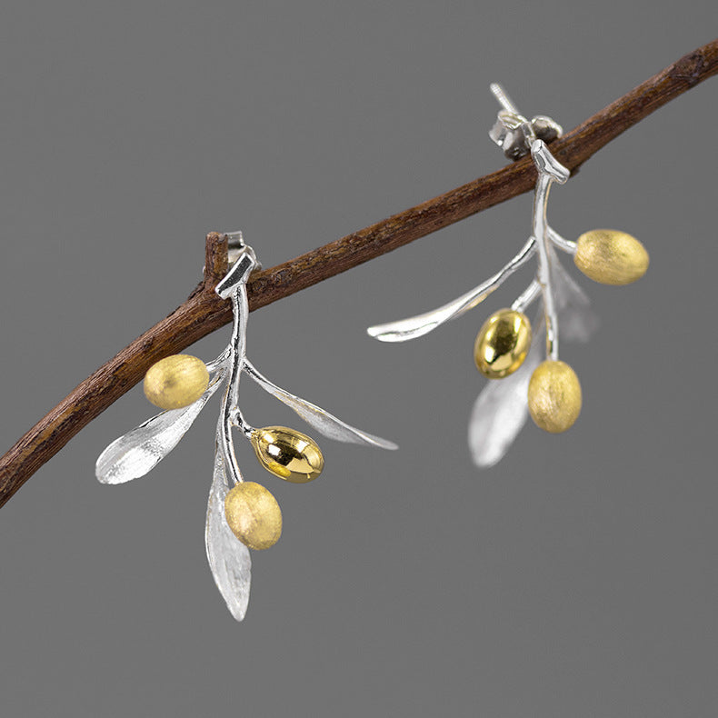 Sterling Silver Natural Olive Branch Stud Earrings