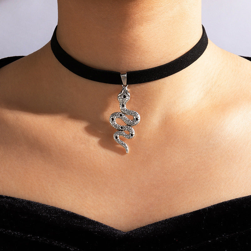 Witchy Gothic Grunge Velvet Choker Necklace - Snake & Baroque Design