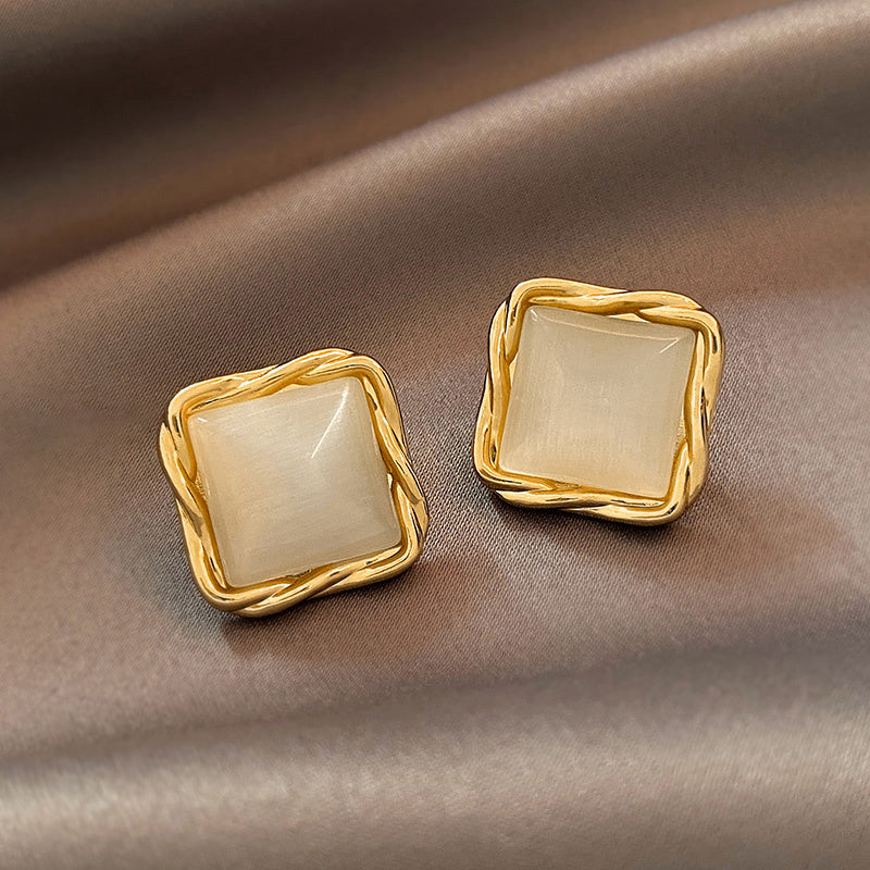 Opal Sun Flower Stud Earrings: Rhinestone & Emerald Cut Enamel