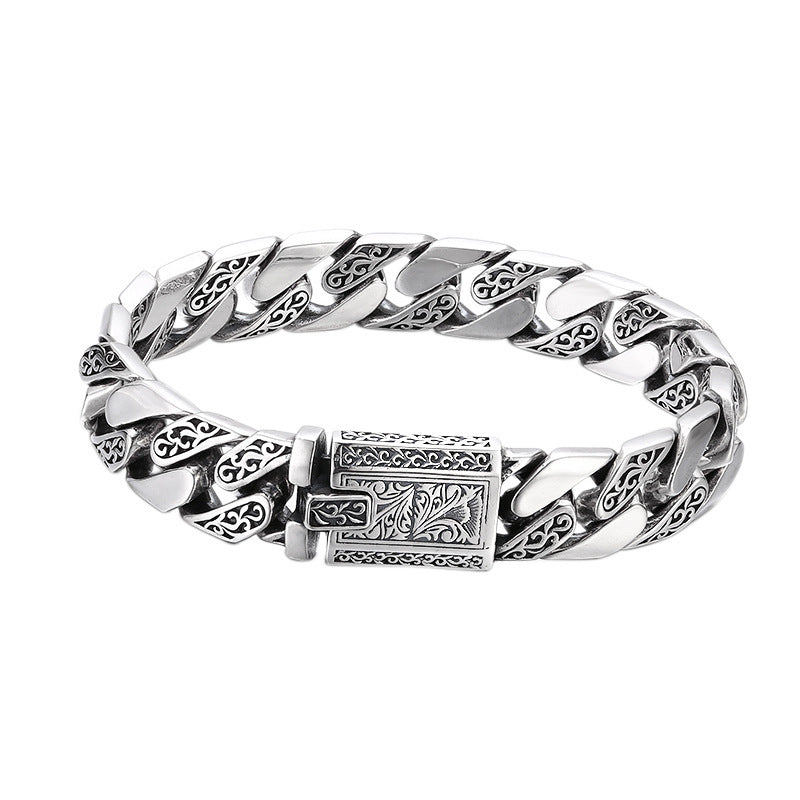 Thick Tangcao Pattern Cuban Silver Bracelet
