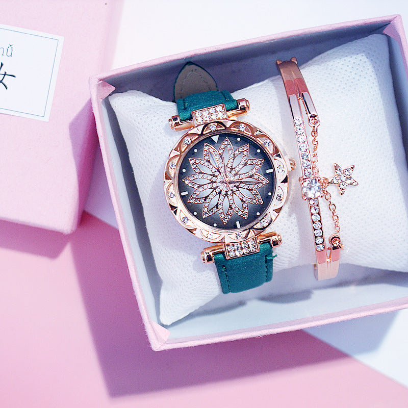 Trendy Rotating Quartz Watch & Crystal Bracelet Set for Ladies