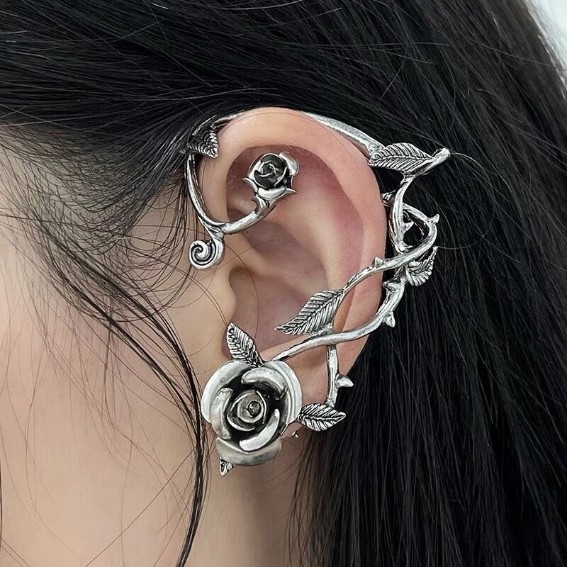 Silver Rose & Vine Ear Wrap (No Piercing)