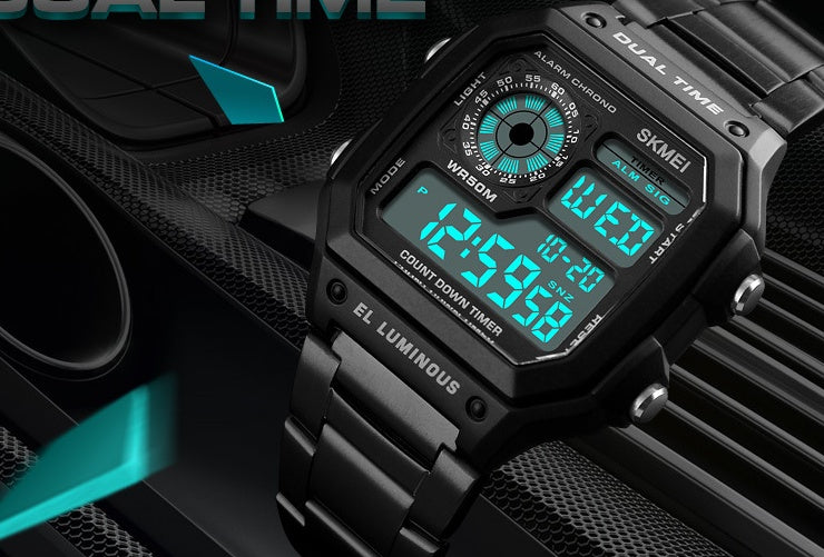 Business Steel Belt Electronic Double Display Multi-function Sports Watch