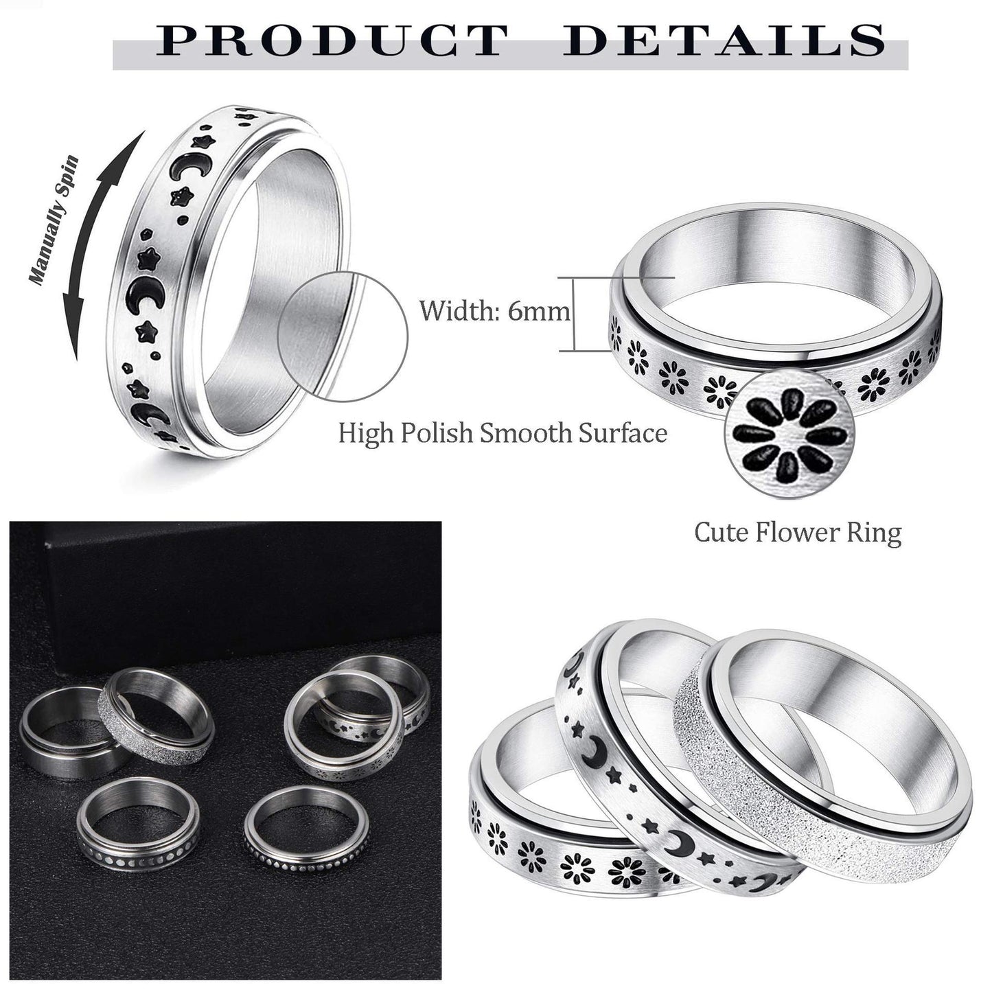 Stainless Steel Rotatable Spinner Ring for Anxiety Relief