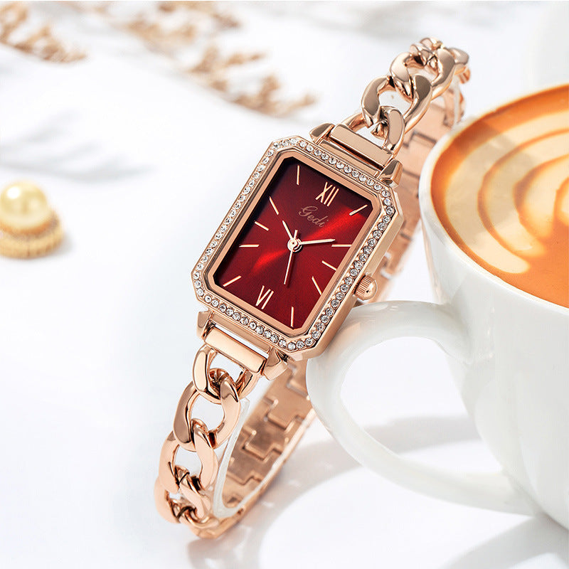 Striking Square Watch with Rhinestones and Denim Detail