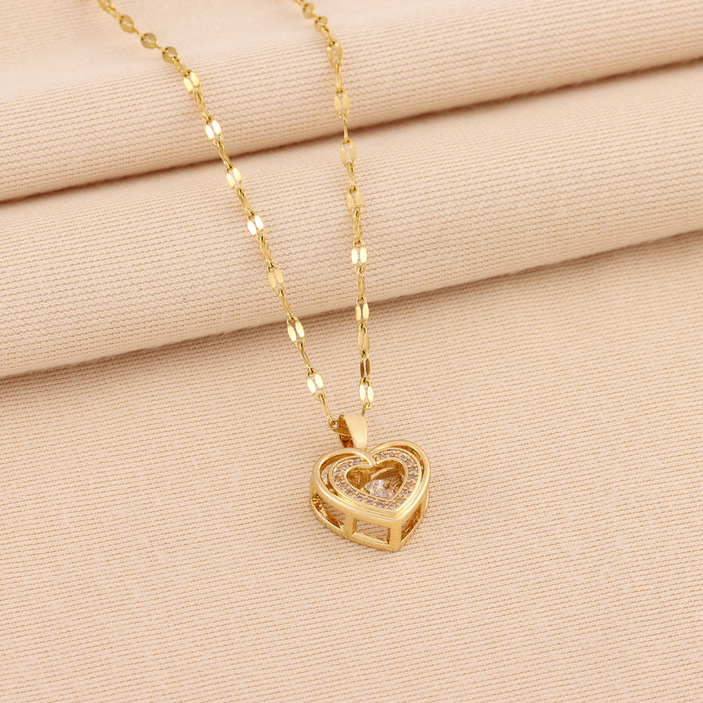Double-Layer Heart Rhinestone Necklace - Titanium Steel Fashion Jewelry