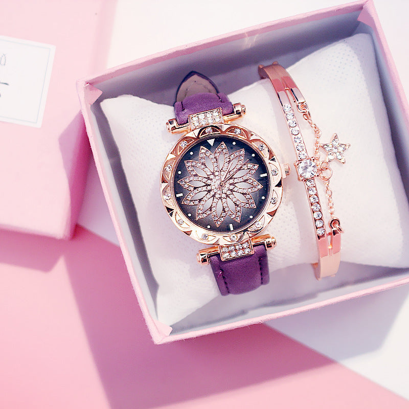 Trendy Rotating Quartz Watch & Crystal Bracelet Set for Ladies