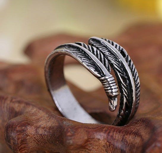 Adjustable Antique Feather Ring 925 Sterling Silver