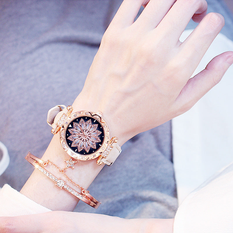 Trendy Rotating Quartz Watch & Crystal Bracelet Set for Ladies
