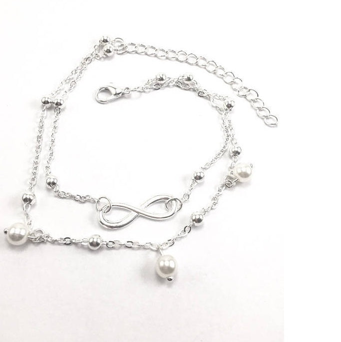 Infinity Double Layer Pearl Gold-Tone Anklet