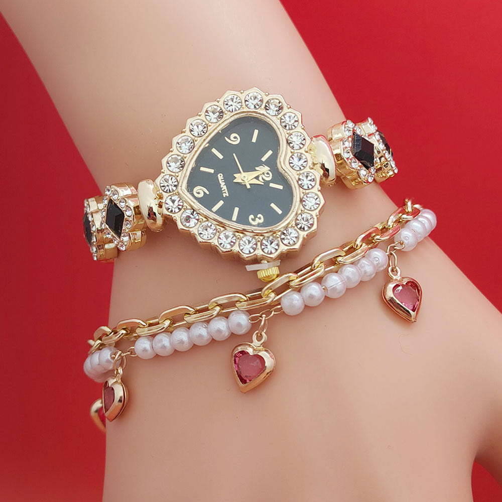 Love-Struck Sparkle: Diamond Heart Watch & Bracelet Set