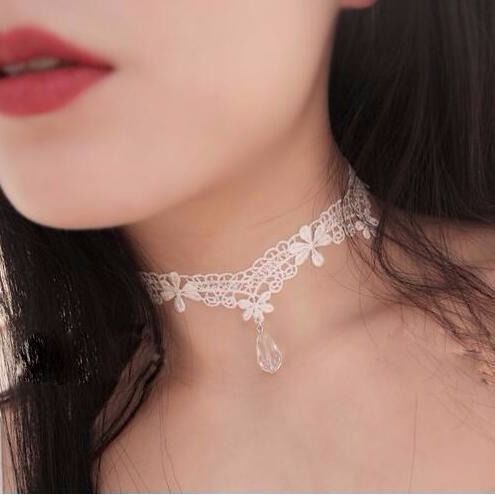 White Lace Pearl Pendant Choker Necklace