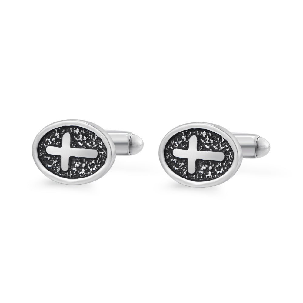 Oval Cross Silver Stainless Steel Cufflinks for Men