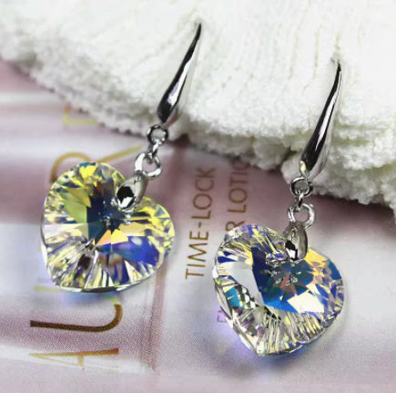 Blue Crystal Heart Dangle Earrings