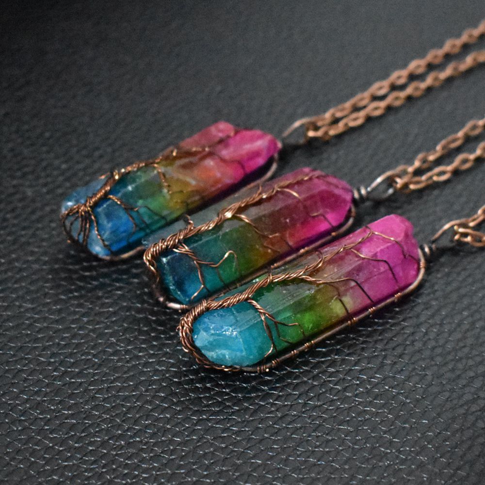 Stone Crystal Pillar Tree of Life Necklace