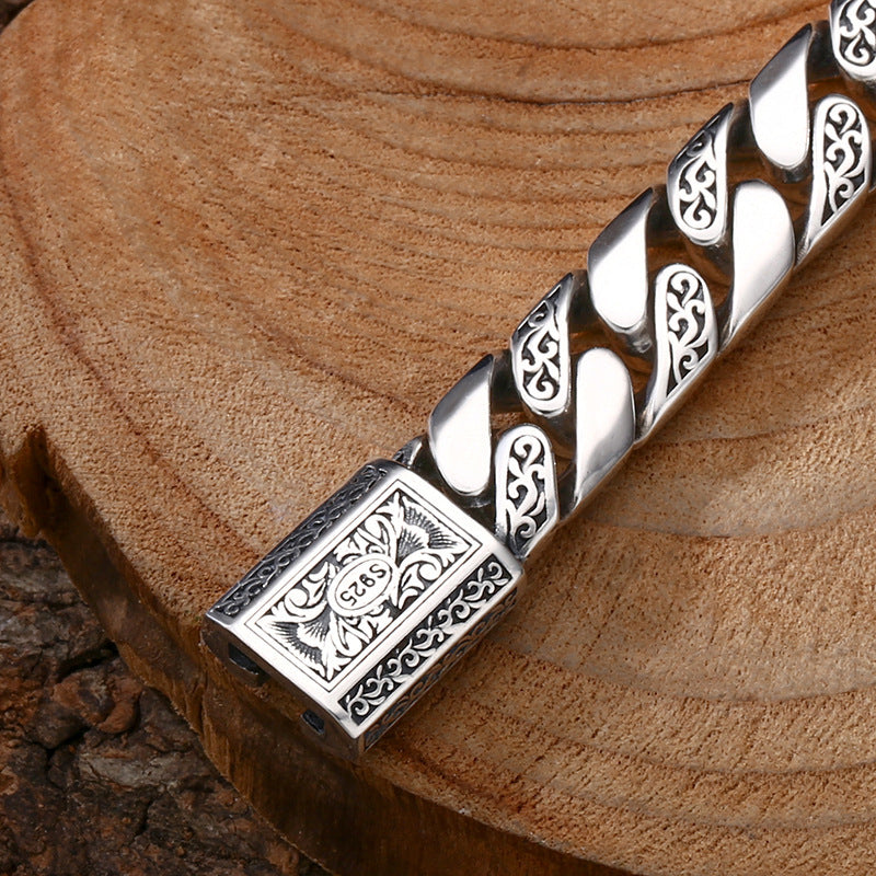 Thick Tangcao Pattern Cuban Silver Bracelet