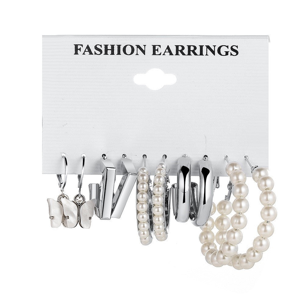 Elegant Butterfly, Pearl, & Silver Plated Earring Set