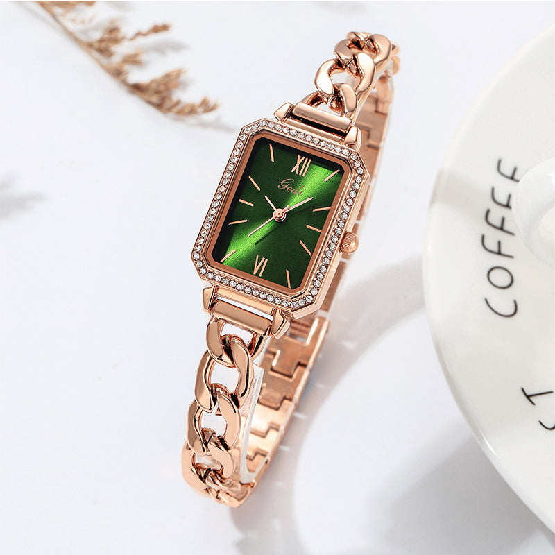 Striking Square Watch with Rhinestones and Denim Detail