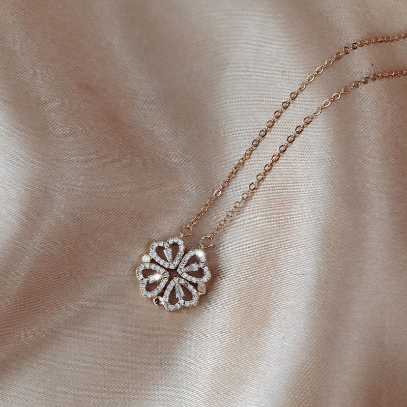 Magnetic Folding Heart-Shaped Four-Leaf Clover Pendant Necklace