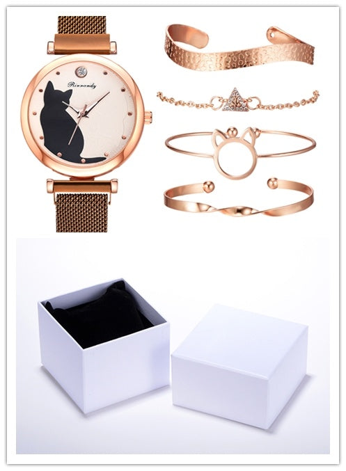 Women's 5-Piece Rose Gold Mesh Watch and Bracelet Set