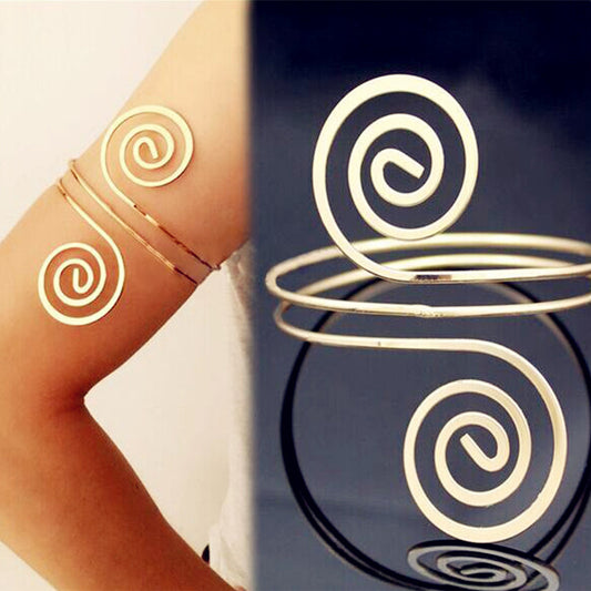 Minimalist Gold Spiral Arm Cuff - Adjustable Boho Upper Arm Bracelet