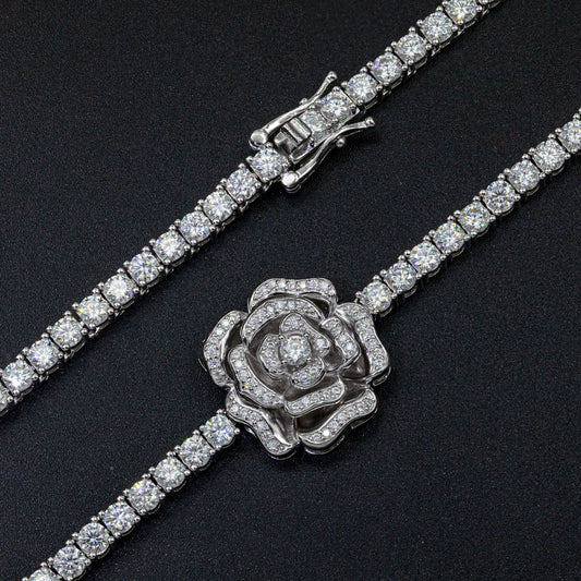 Exquisite 100% Authentic Moissanite Tennis Chain with Heart and Rose Design