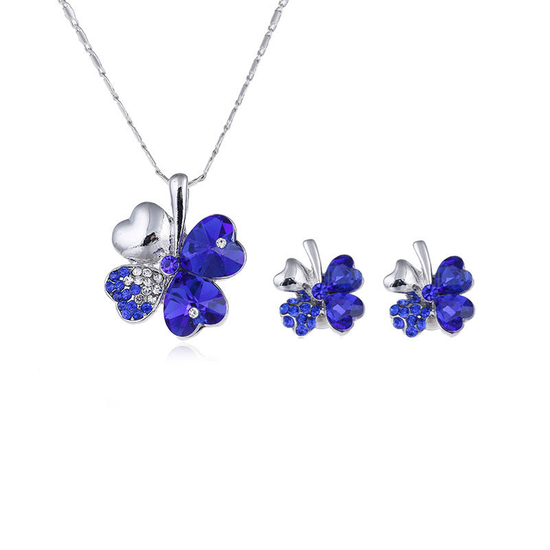 Lucky Four-Leaf Clover Crystal Necklace and Earrings Set