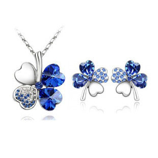 Lucky Four-Leaf Clover Crystal Necklace and Earrings Set