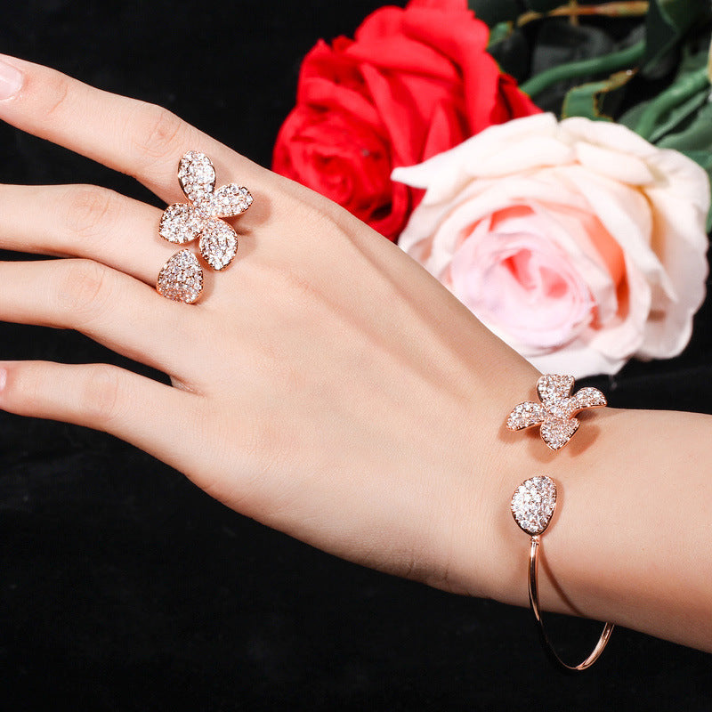 Adjustable Cubic Zirconia Flower Bangle & Ring Set