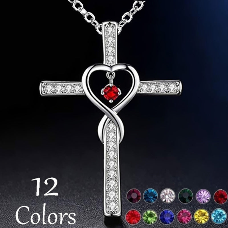 Infinity Love Christian Cross Birthstone Pendant Necklace