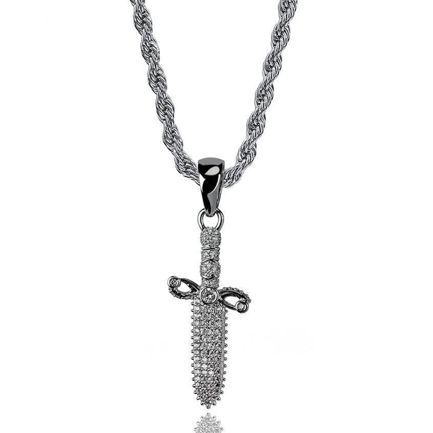 Dazzling Iced Out 925 Sterling Silver Dagger Pendant Necklace