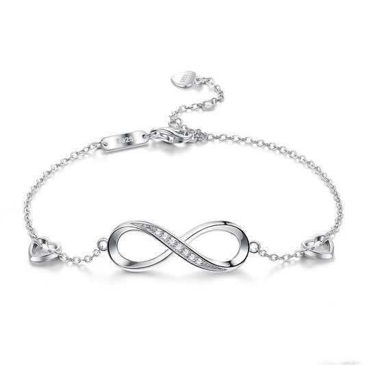 Infinity Bracelet with Hearts 925 Sterling Silver Zirconia