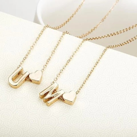 Peach Heart Shaped Initial Necklace - Gold & Silver Clavicle Chain Pendant