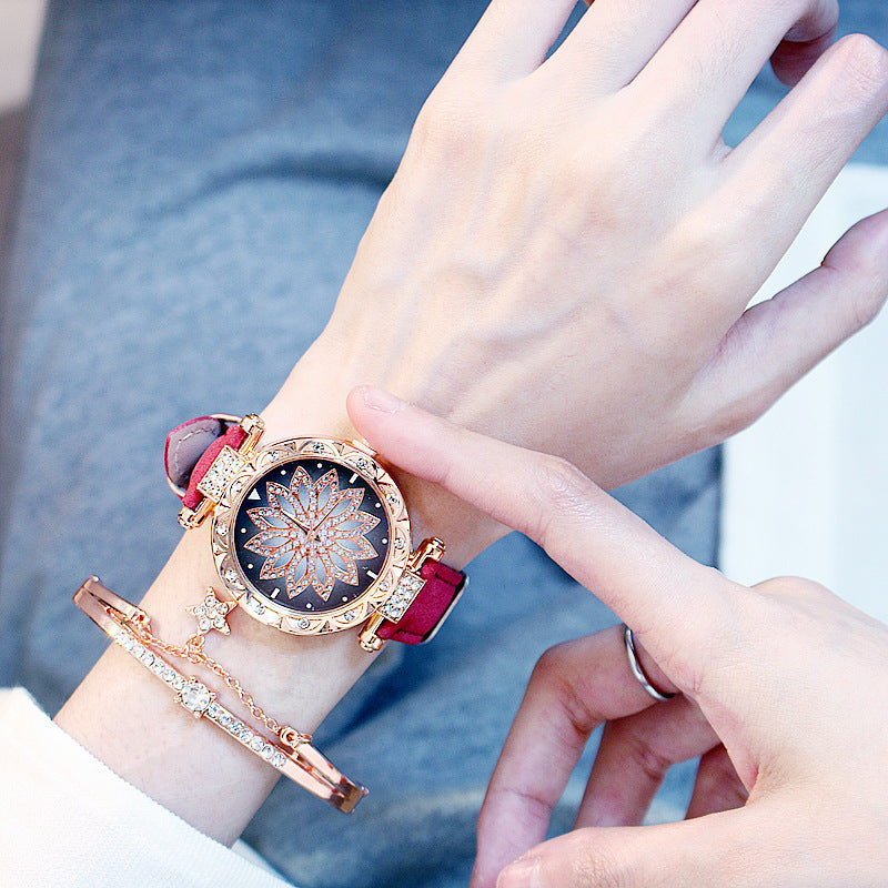 Trendy Rotating Quartz Watch & Crystal Bracelet Set for Ladies
