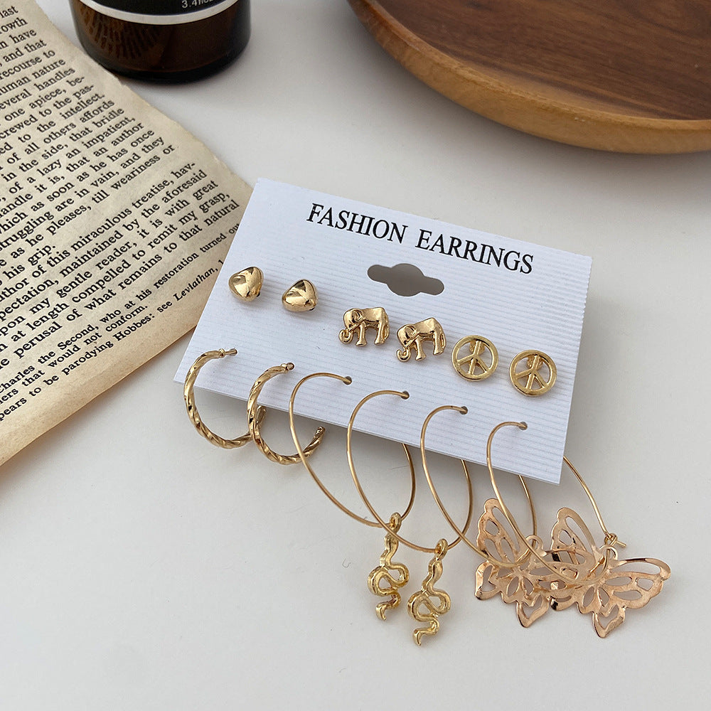 9-Pair Elegant Earring Set: Butterfly, Hollow Out Love & More