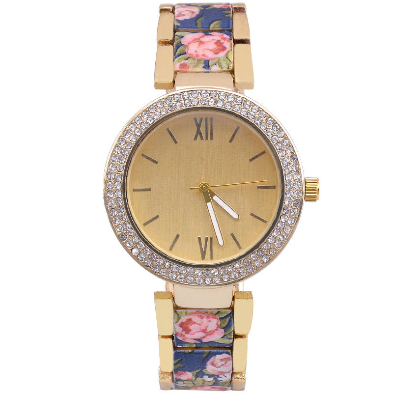 Steel Watch with Floral Printed Band