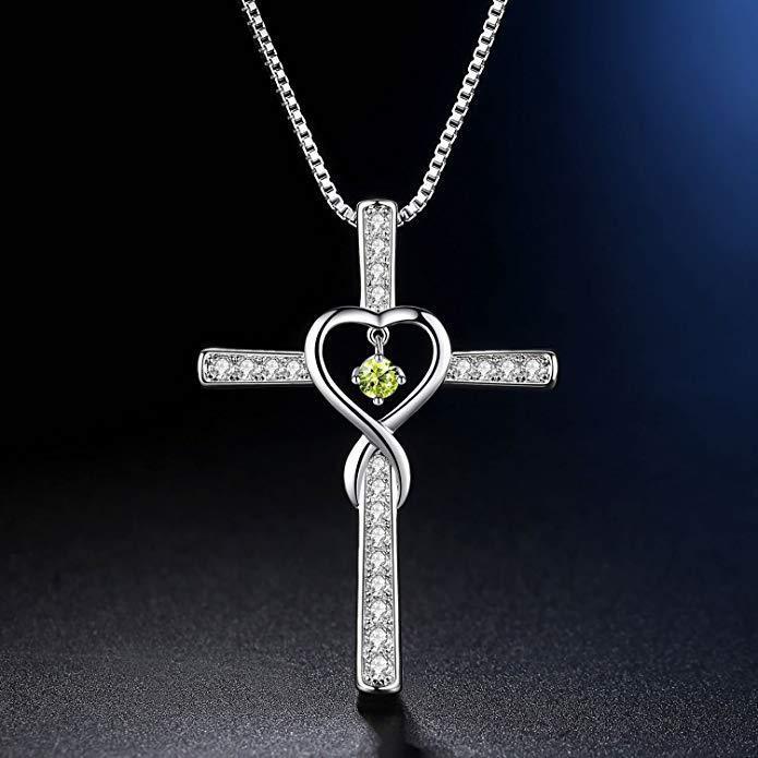 Infinity Love Christian Cross Birthstone Pendant Necklace