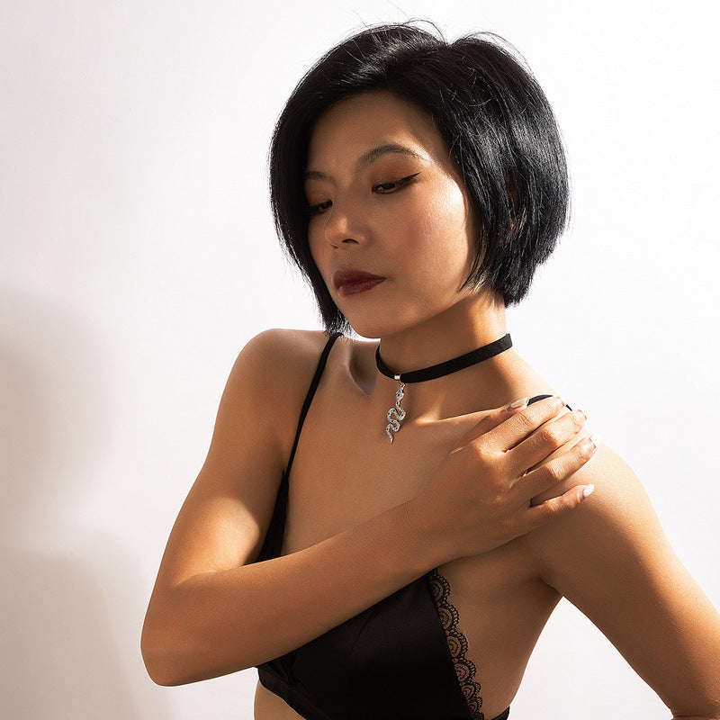 Witchy Gothic Grunge Velvet Choker Necklace - Snake & Baroque Design