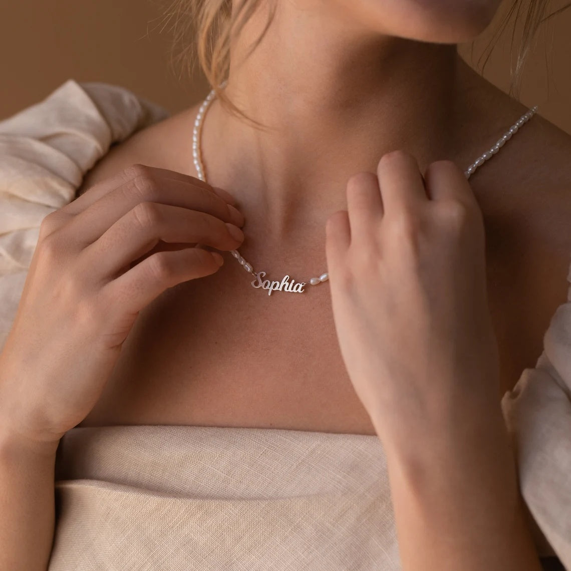 Personalized Nameplate and Pearl Necklace