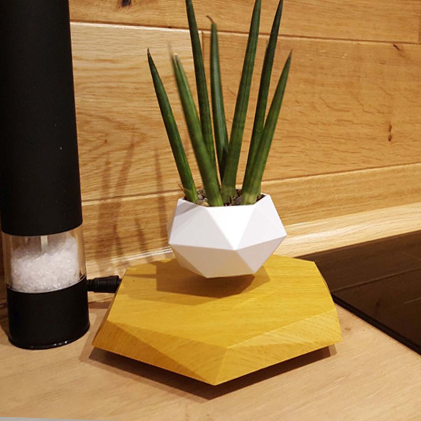 Floating Magnetic Levitating Flower Pot - Hexagonal Wood Grain