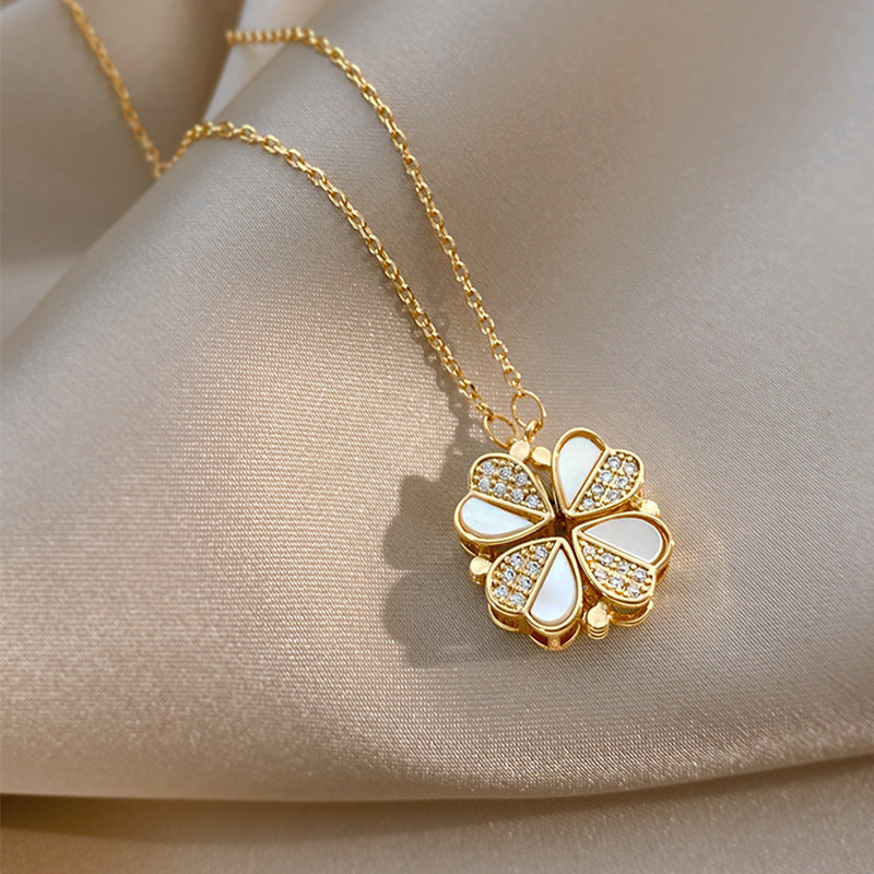Luxury Four-Leaf Clover Pendant Necklace - Stainless Steel Crystal Heart
