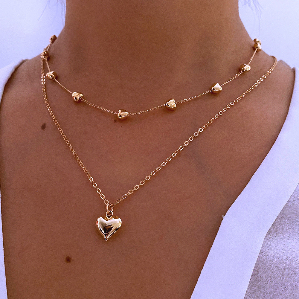 Double-Layer Heart Pendant Necklace - Gold Color Metal Fashion Jewelry
