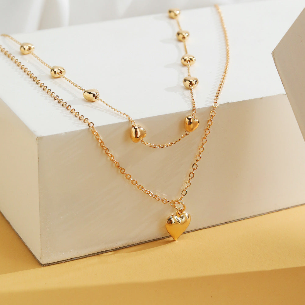Double-Layer Heart Pendant Necklace - Gold Color Metal Fashion Jewelry