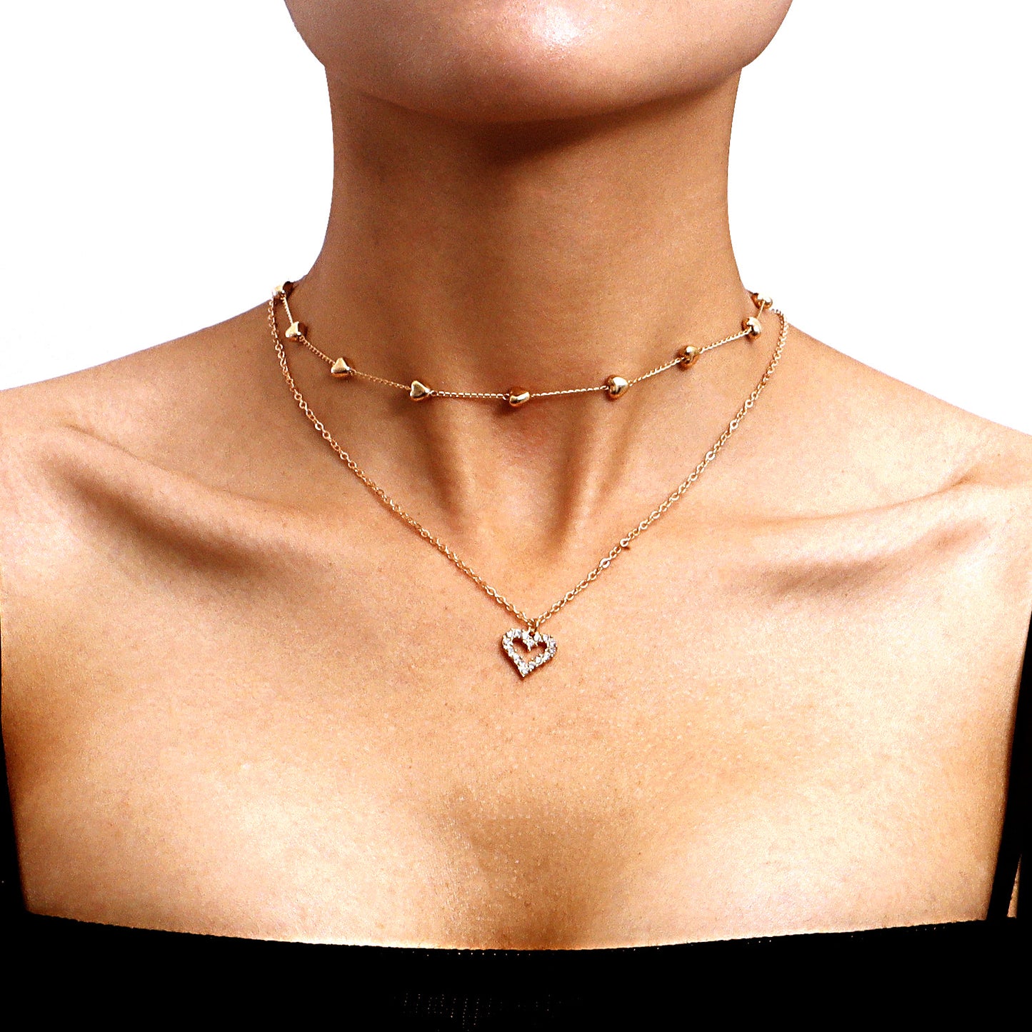 Double-Layer Heart Pendant Necklace - Gold Color Metal Fashion Jewelry