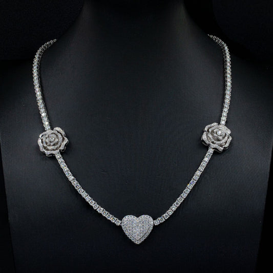Exquisite 100% Authentic Moissanite Tennis Chain with Heart and Rose Design