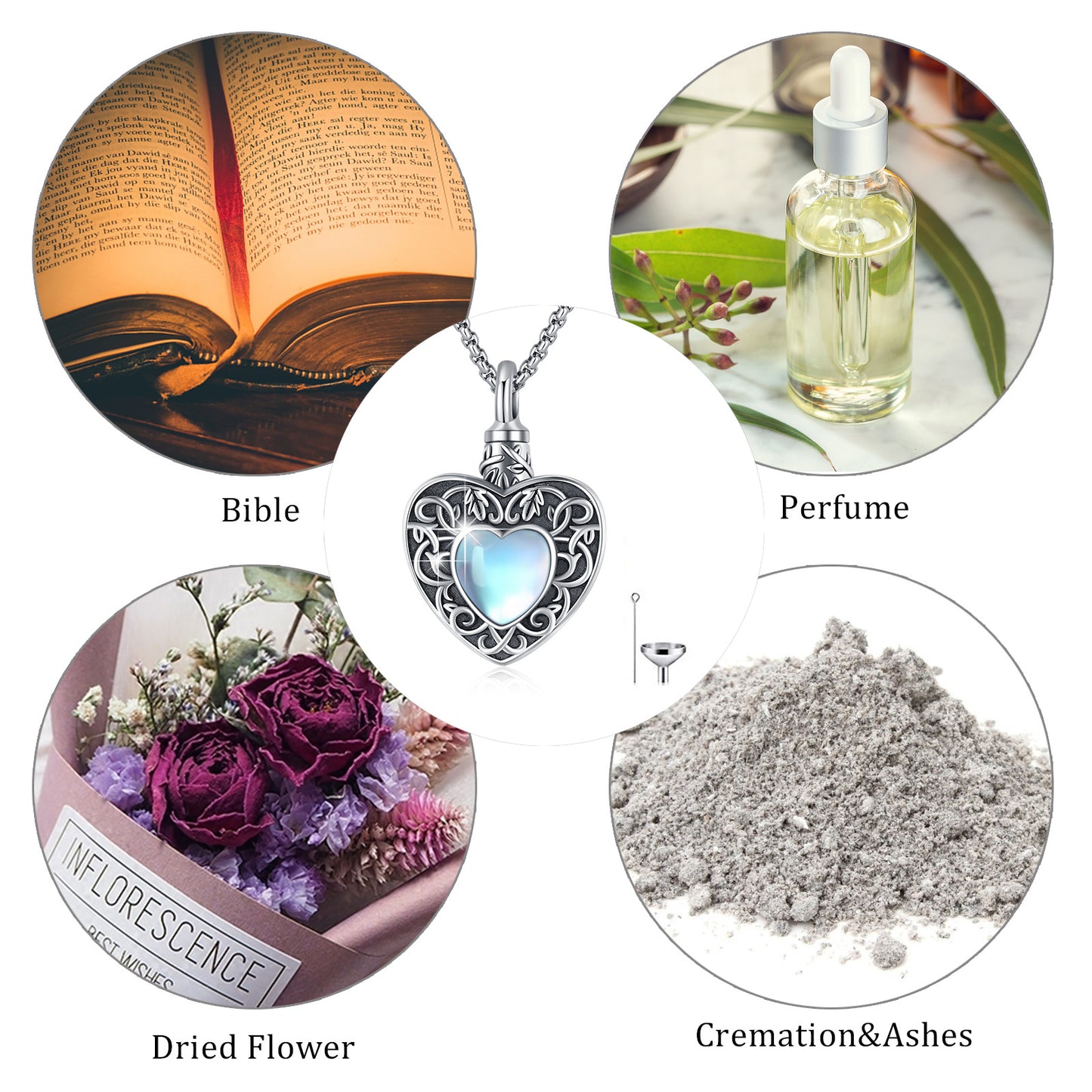 Cremation Ash Urn Moonstone Heart Necklace 925 Silver