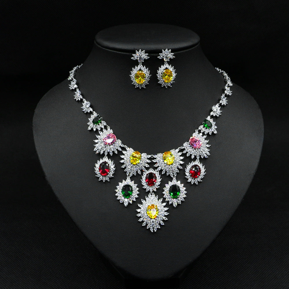 Colorful Zircon & Floral Bridal Wedding Jewelry Set