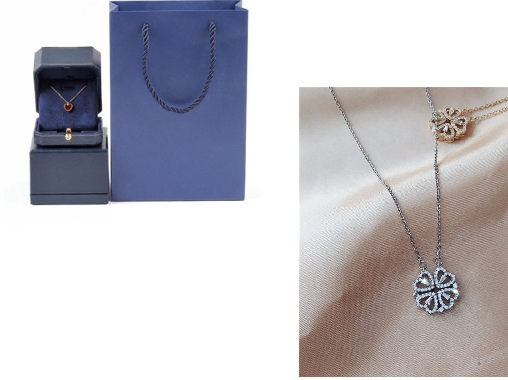 Magnetic Folding Heart-Shaped Four-Leaf Clover Pendant Necklace