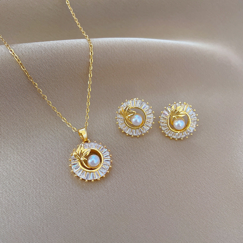 Gold Plated Round Pearl & Zircon Jewelry Set