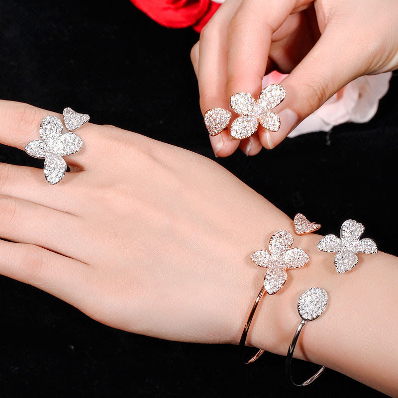 Adjustable Cubic Zirconia Flower Bangle & Ring Set